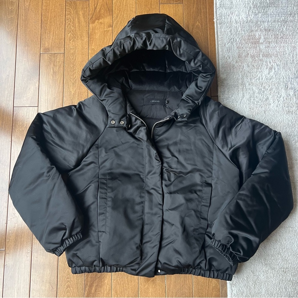 J Brand Black Nylon Bora Puffer Jacket with Fuzzy Hood